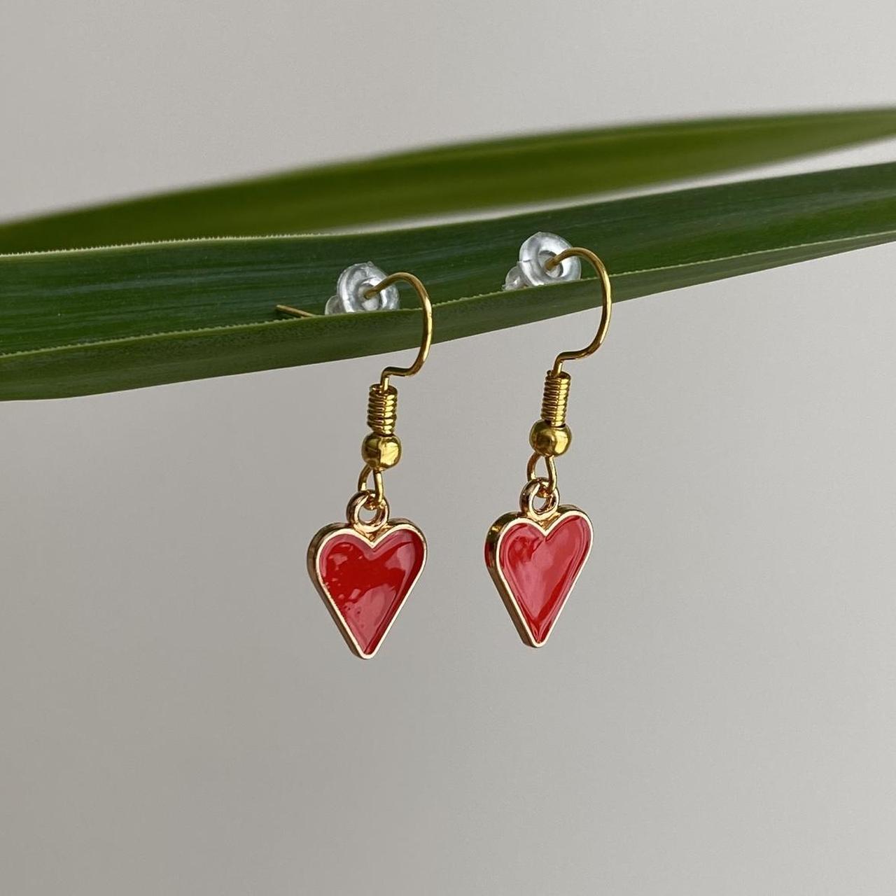 Red Hearts Symbol Dangle Earrings With Gold Accents - Image 3