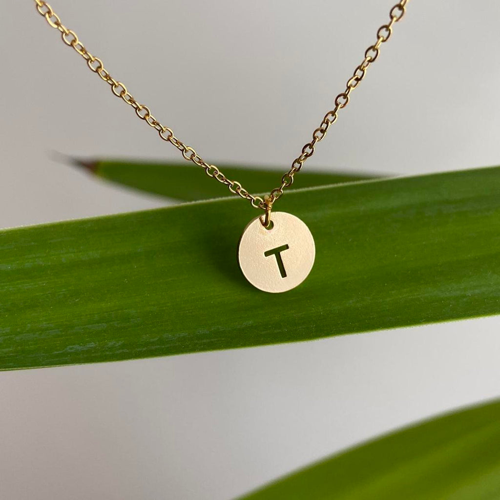 Circle Stamped Gold Letter T Initial Pendant Chain