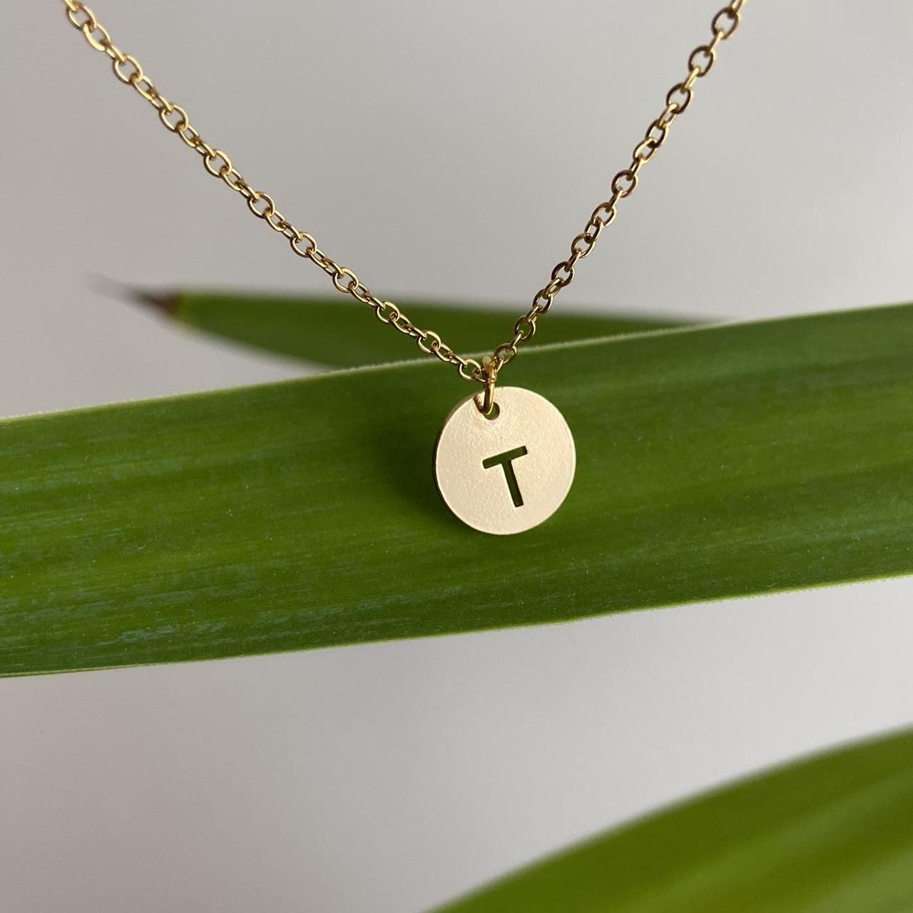 Circle Stamped Gold Letter T Initial Pendant Chain