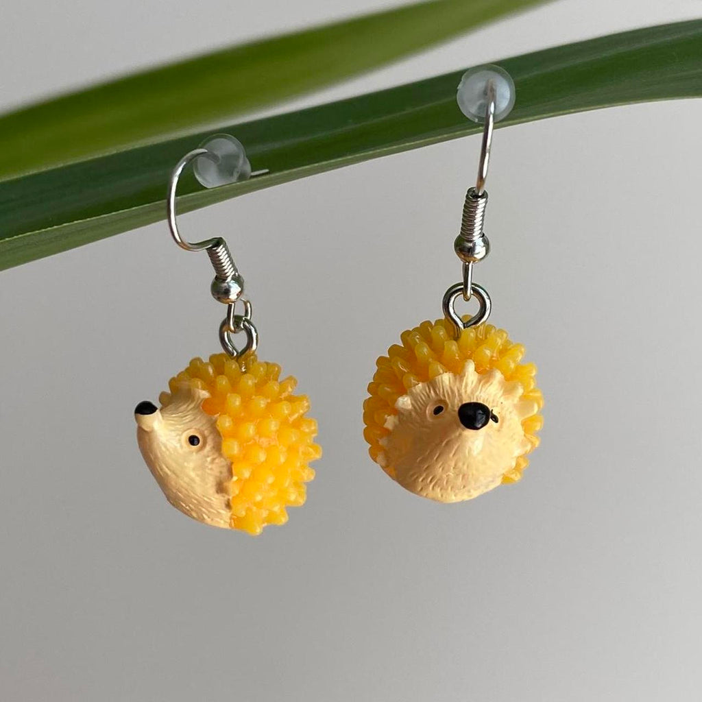 Yellow Hedgehog Dangle Earrings With Silver Accents
