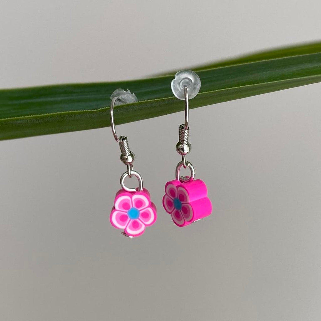 Pink Tropical Flower Polymer Clay Dangle Earrings - Image 3
