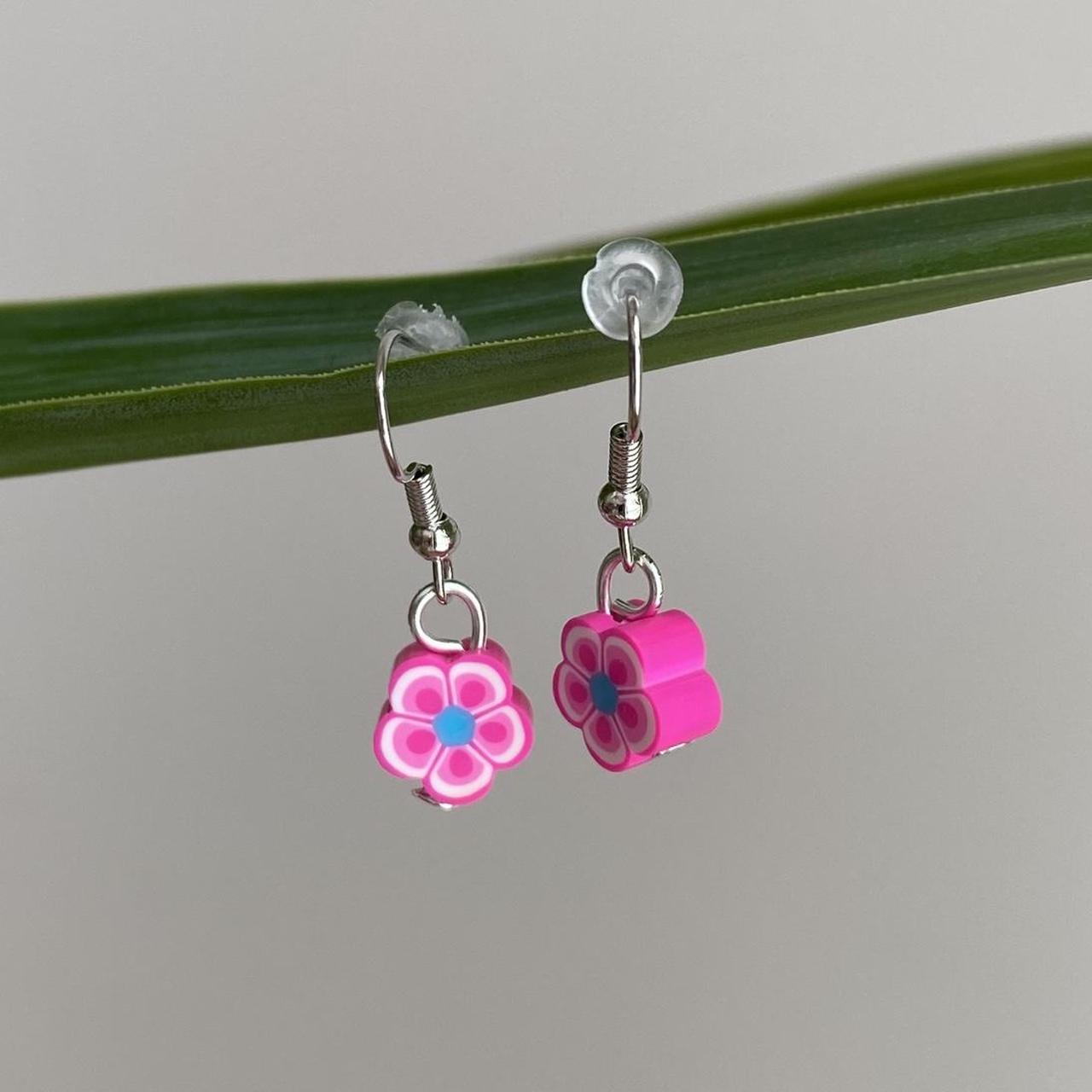 Pink Tropical Flower Polymer Clay Dangle Earrings - Image 3