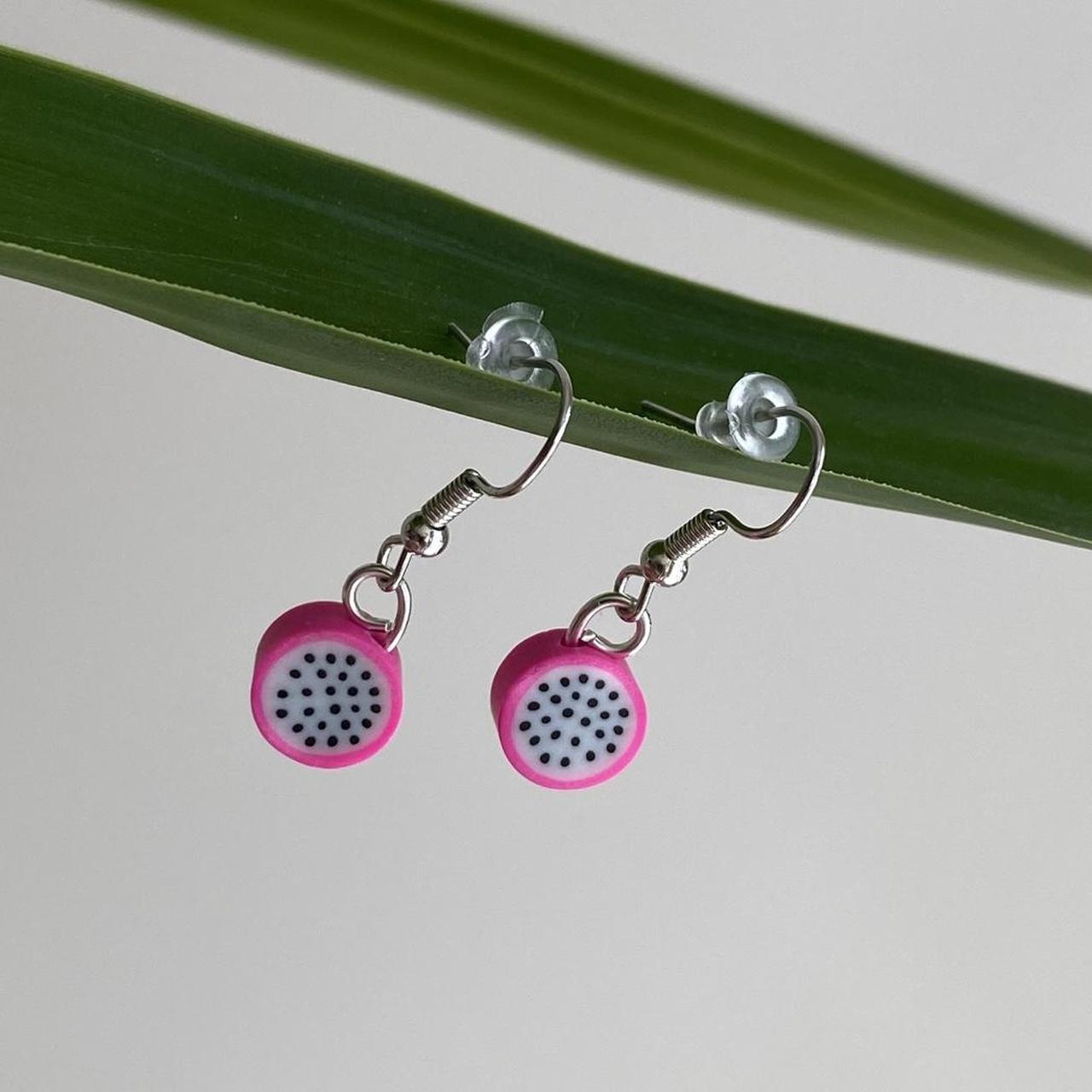 Pink Dragonfruit Polymer Clay Dangle Earrings With - Image 2