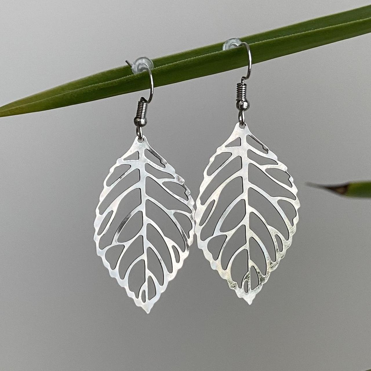 Large Silver Leaf Dangle Earrings 3 Sizes - Image 4