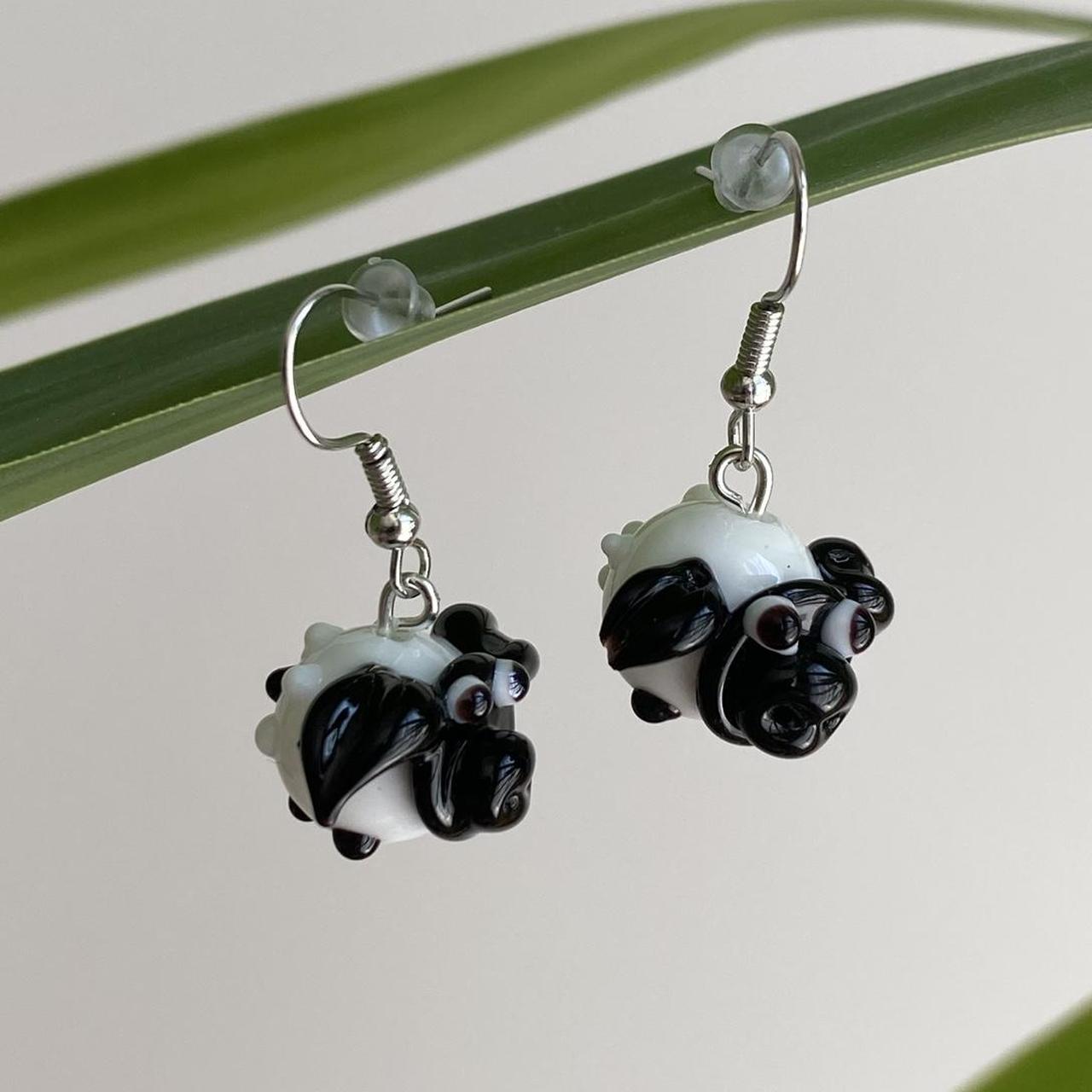 White Sheep Lamb Glass Dangle Earrings With Silver - Image 3