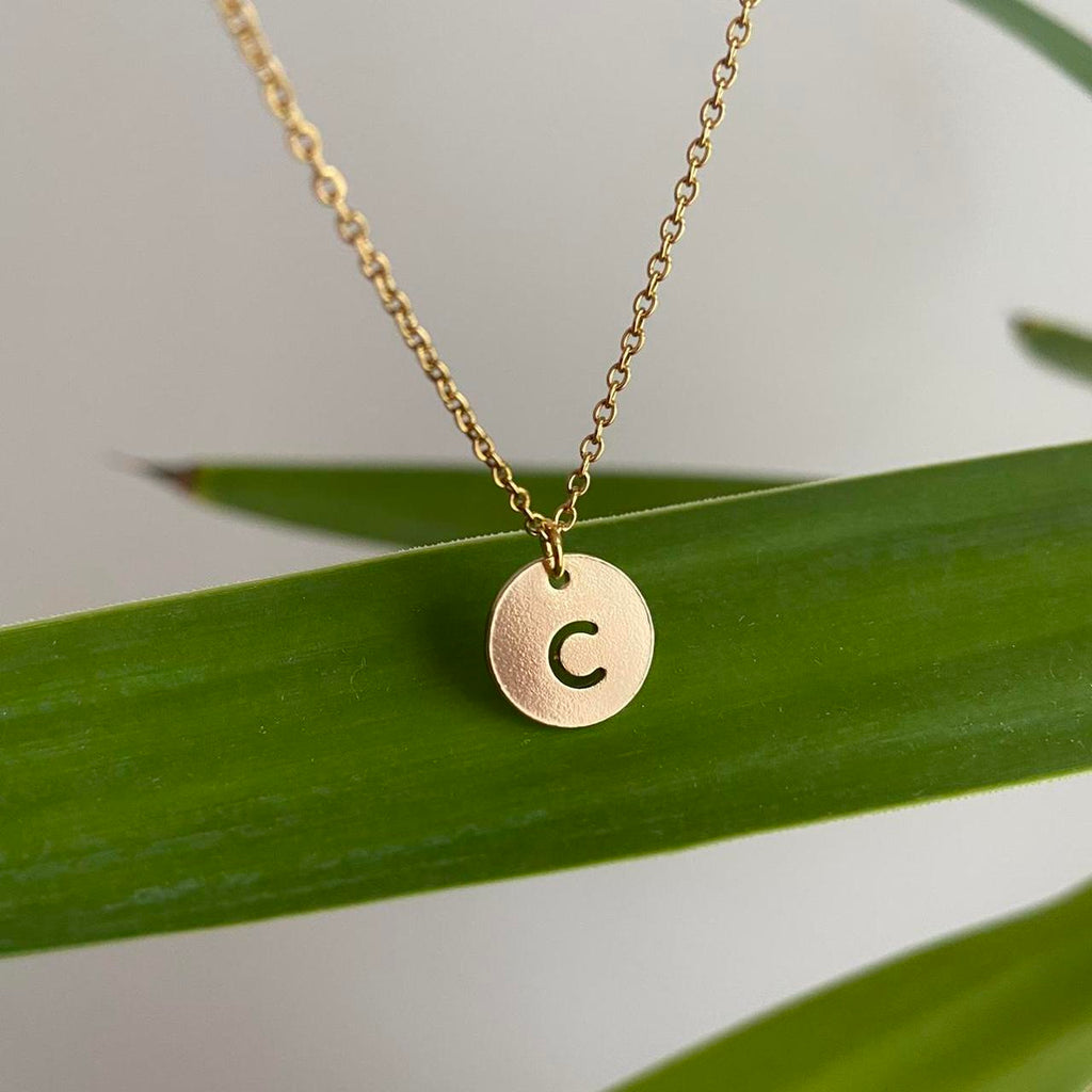 Circle Stamped Gold Letter C Initial Pendant Chain