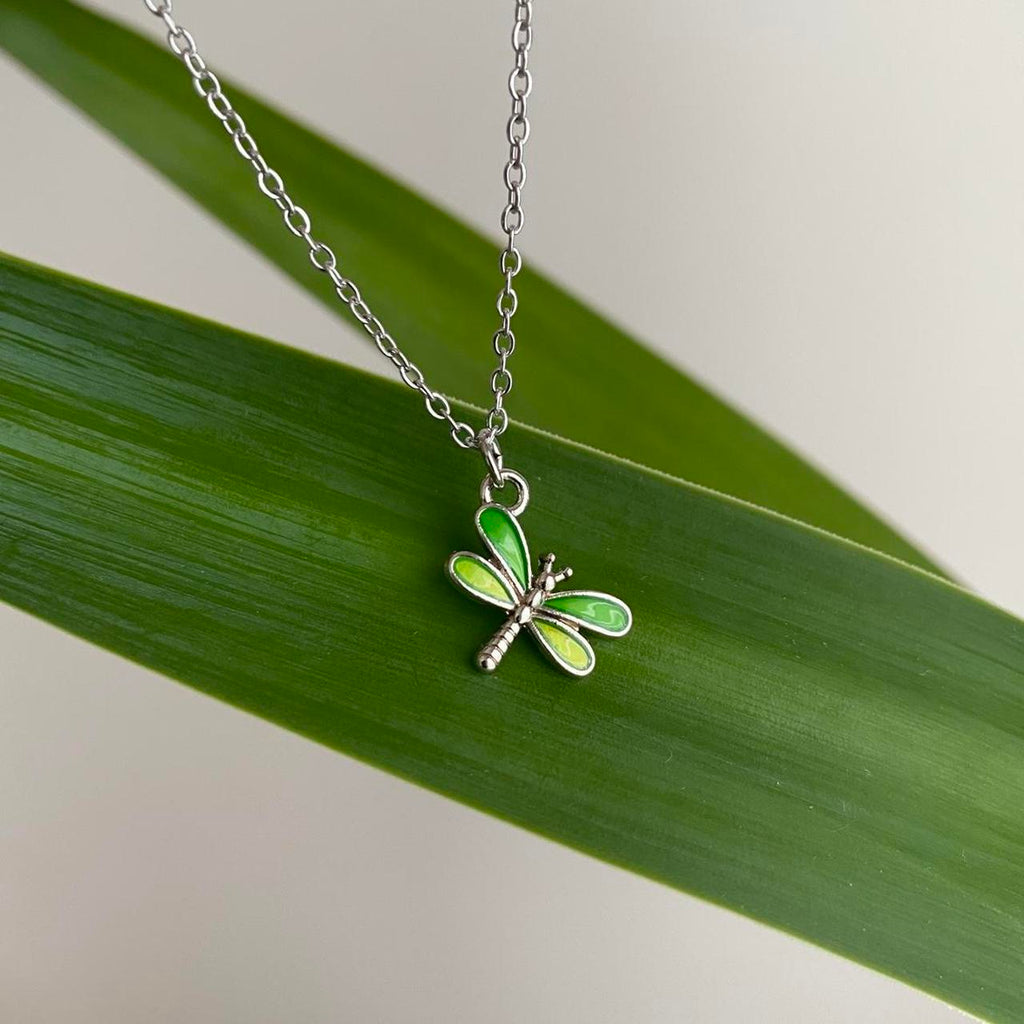 Green Enamel Dragonfly Pendant Chain Necklace With - Image 5