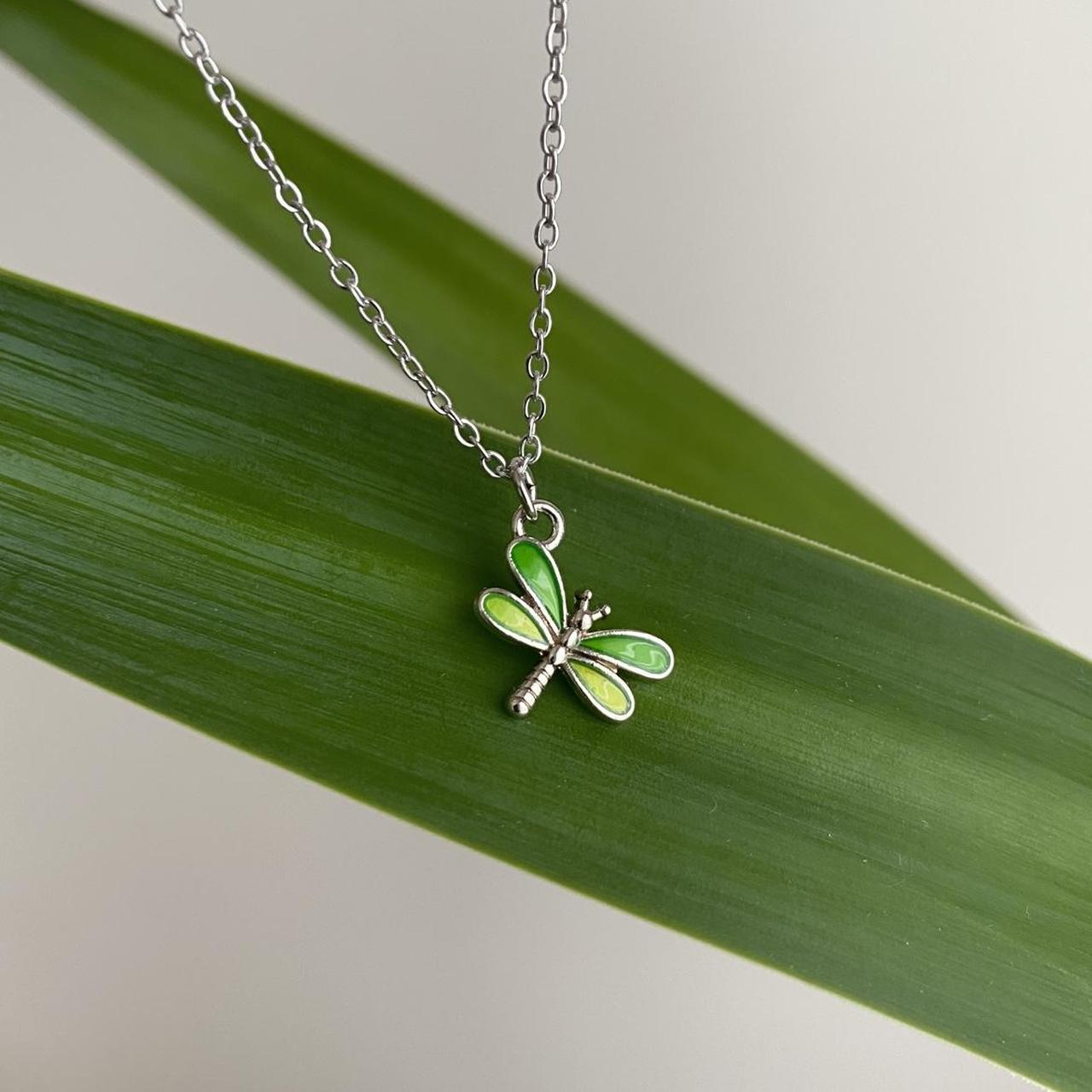 Green Enamel Dragonfly Pendant Chain Necklace With - Image 5