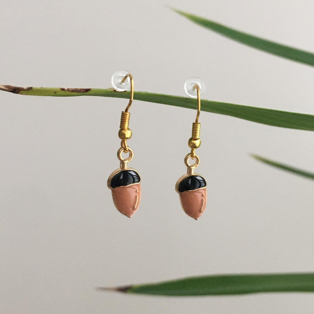 Acorn Dangle Earrings Hand Made Enamel Pendant