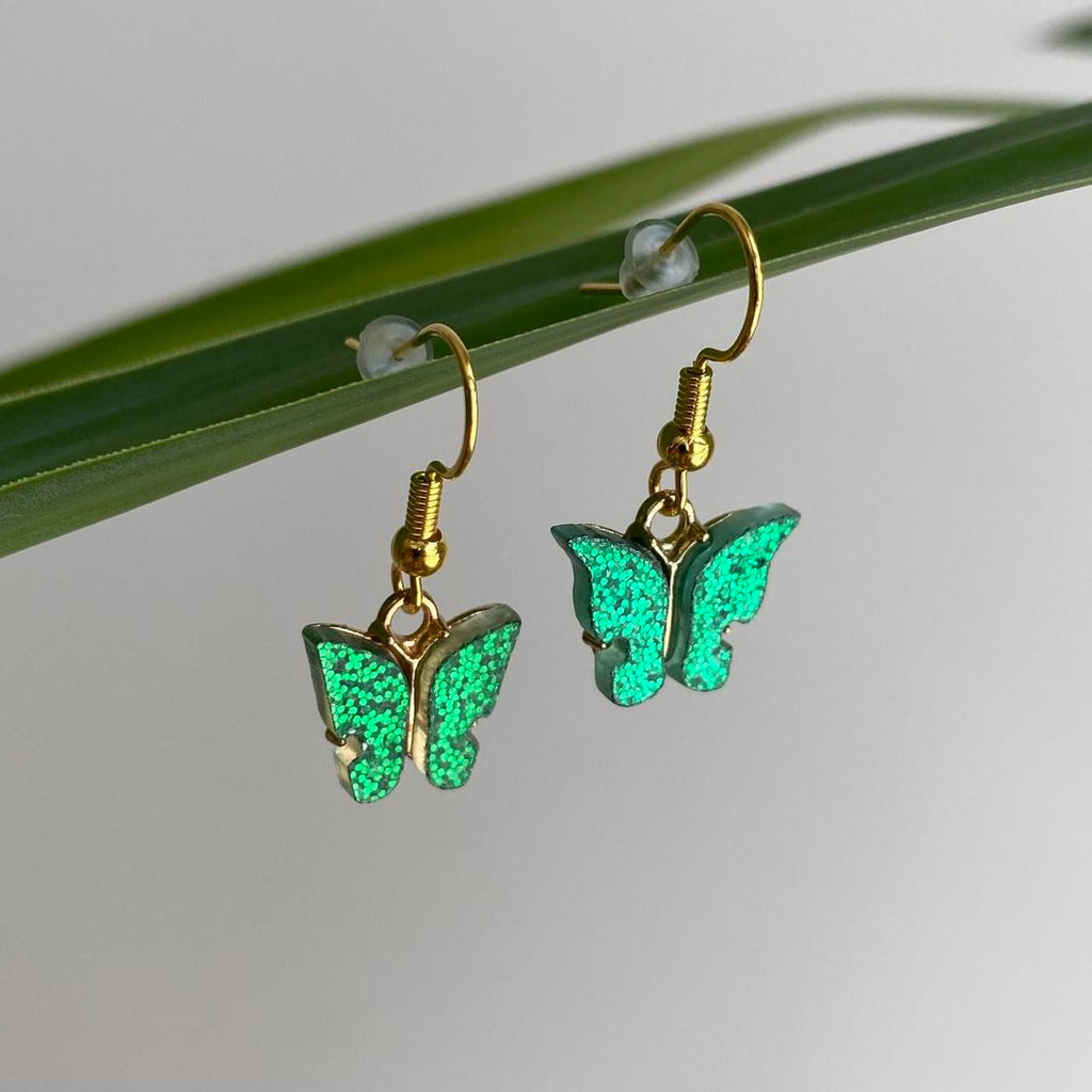 Green Sparkle Butterfly Dangle Earrings With Gold - Image 3