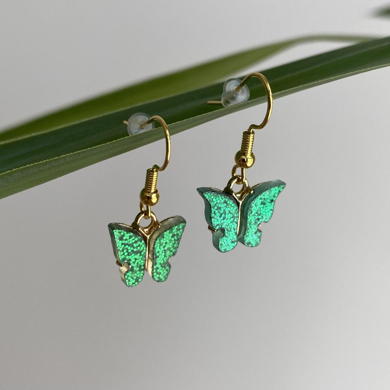 Green Sparkle Butterfly Dangle Earrings With Gold - Image 3