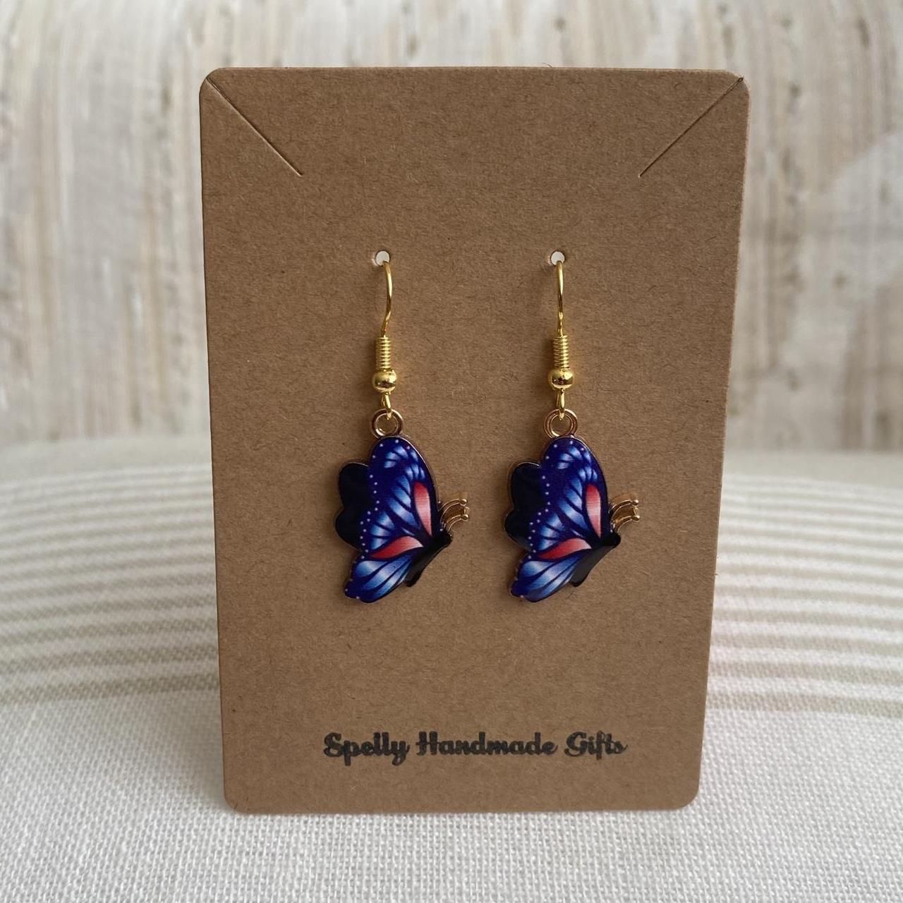 Dark Blue And Red Butterfly Enamel Dangle Earrings - Image 4