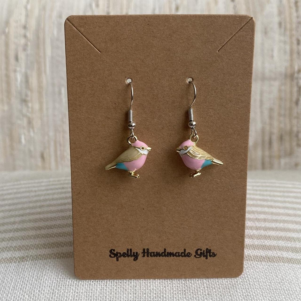 Pink And Blue Bird Enamel Dangle Earrings With Gold
