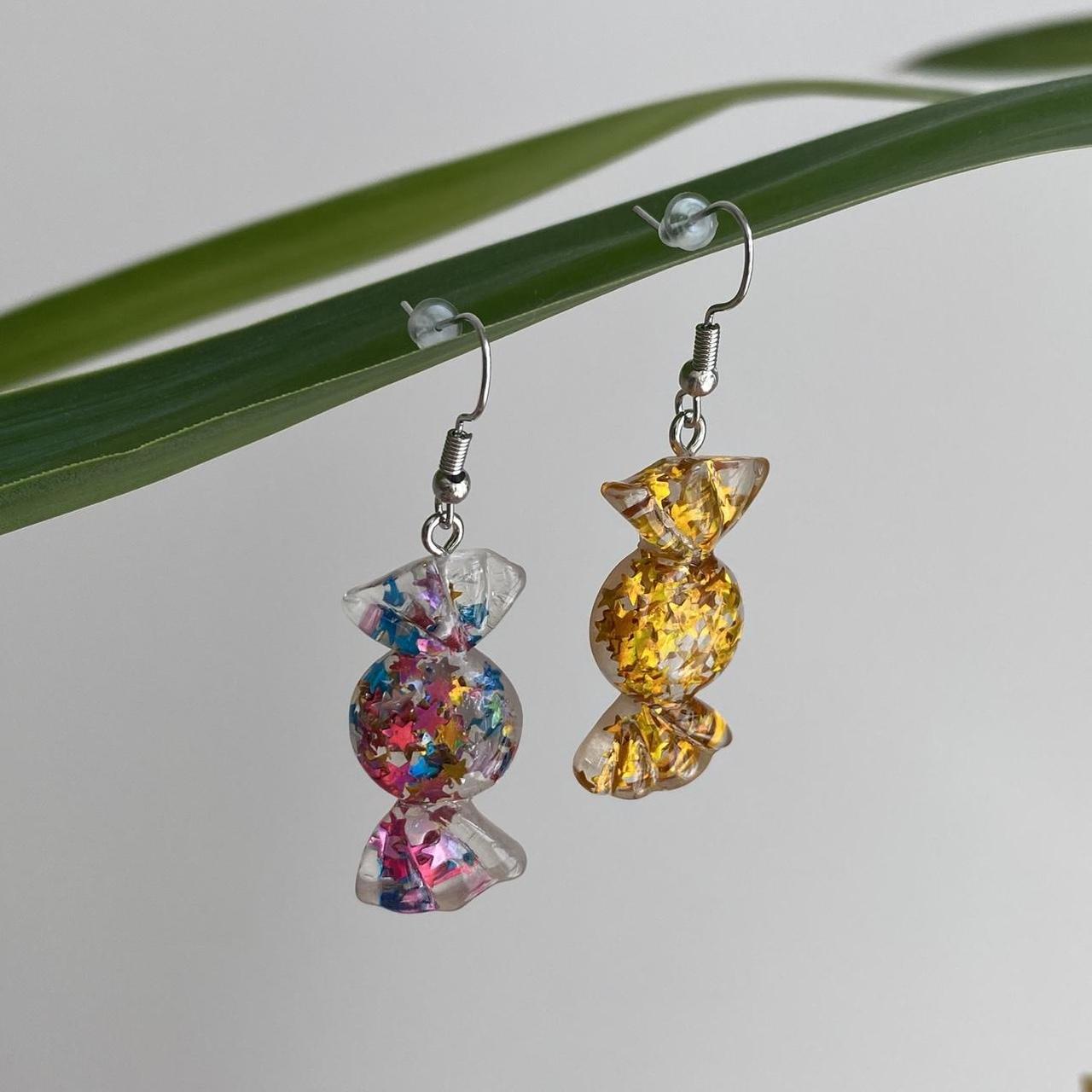 Sparkly Resin Gold And Rainbow Candy Dangle Earrings - Image 4