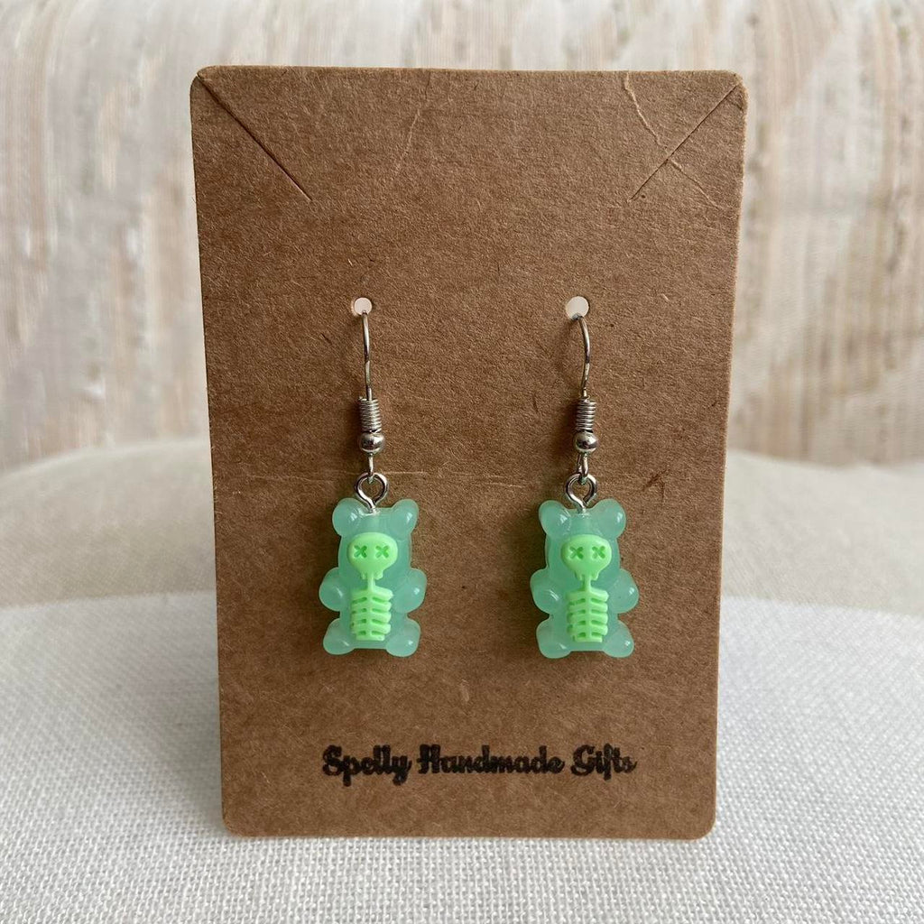 Green Skeletal Gummy Bear Dangle Earrings Hand - Image 5