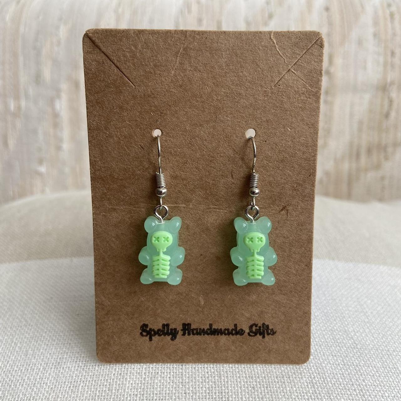 Green Skeletal Gummy Bear Dangle Earrings Hand - Image 5