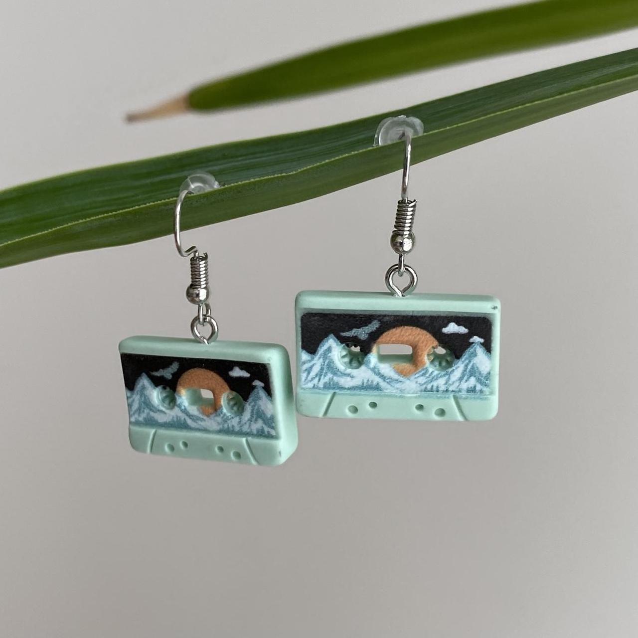 Green Vintage Music Cassette Tape Dangle Earrings - Image 2