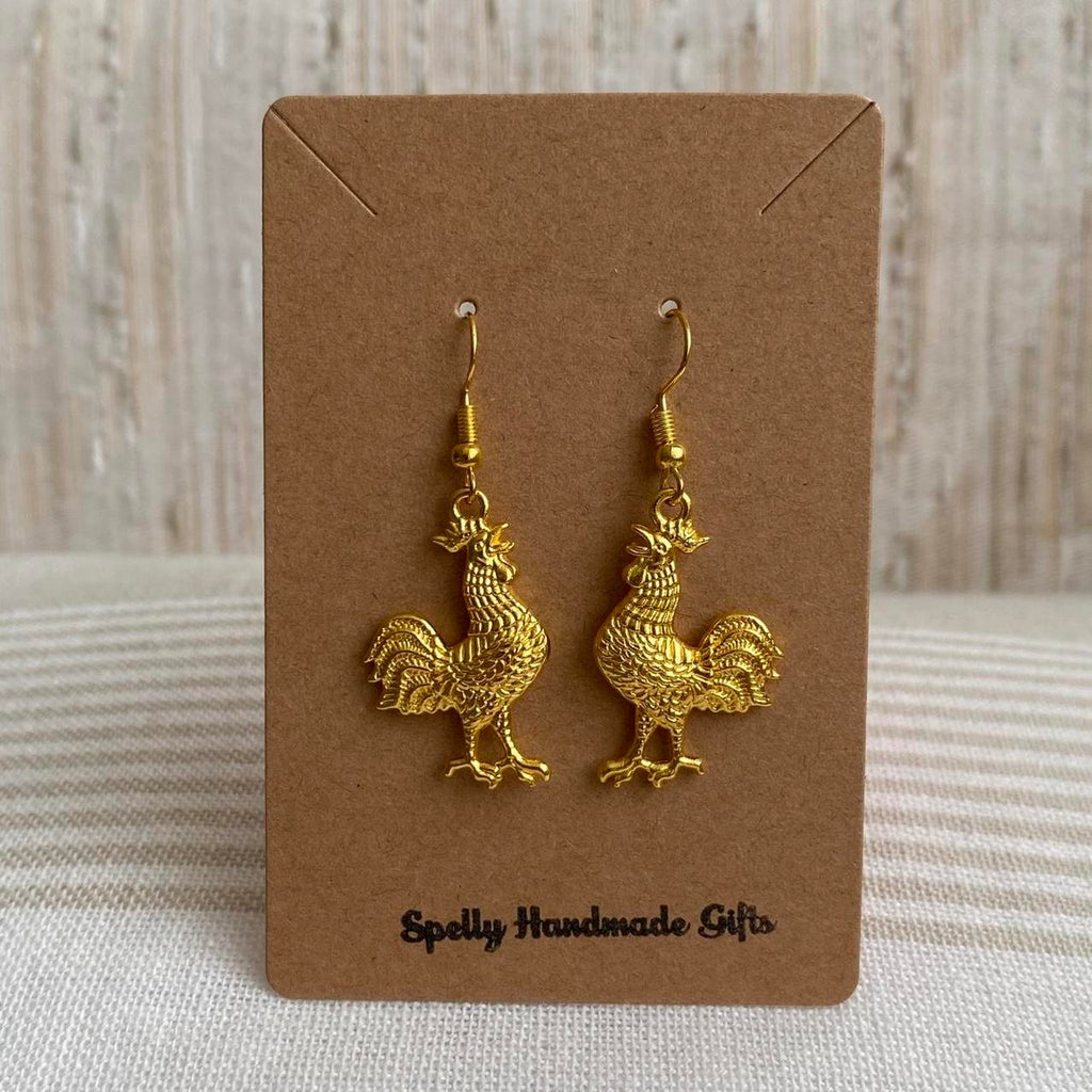 Gold Rooster Dangle Earrings Hand Made Pendant - Image 4