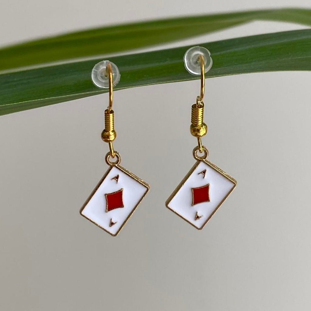 Ace Of Diamonds Poker Card Dangle Earrings With Gold