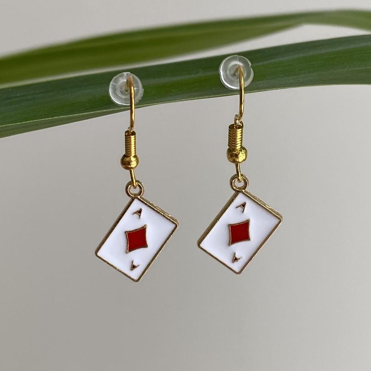 Ace Of Diamonds Poker Card Dangle Earrings With Gold
