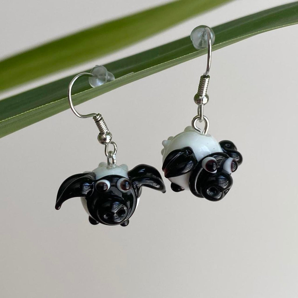 White Sheep Lamb Glass Dangle Earrings With Silver - Image 4