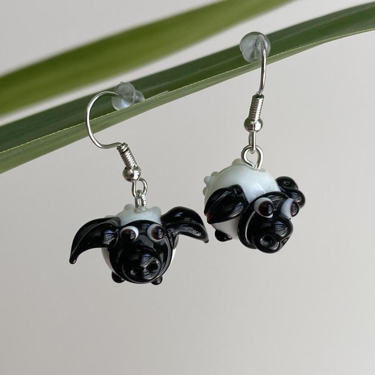 White Sheep Lamb Glass Dangle Earrings With Silver - Image 4