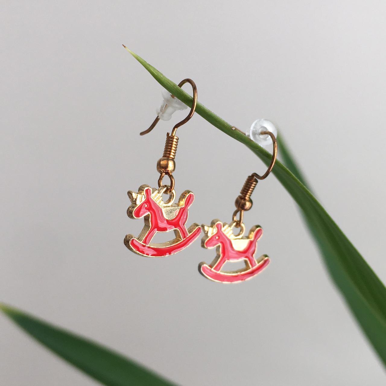 Red Unicorn Rocking Horse Drop Dangle Earrings With