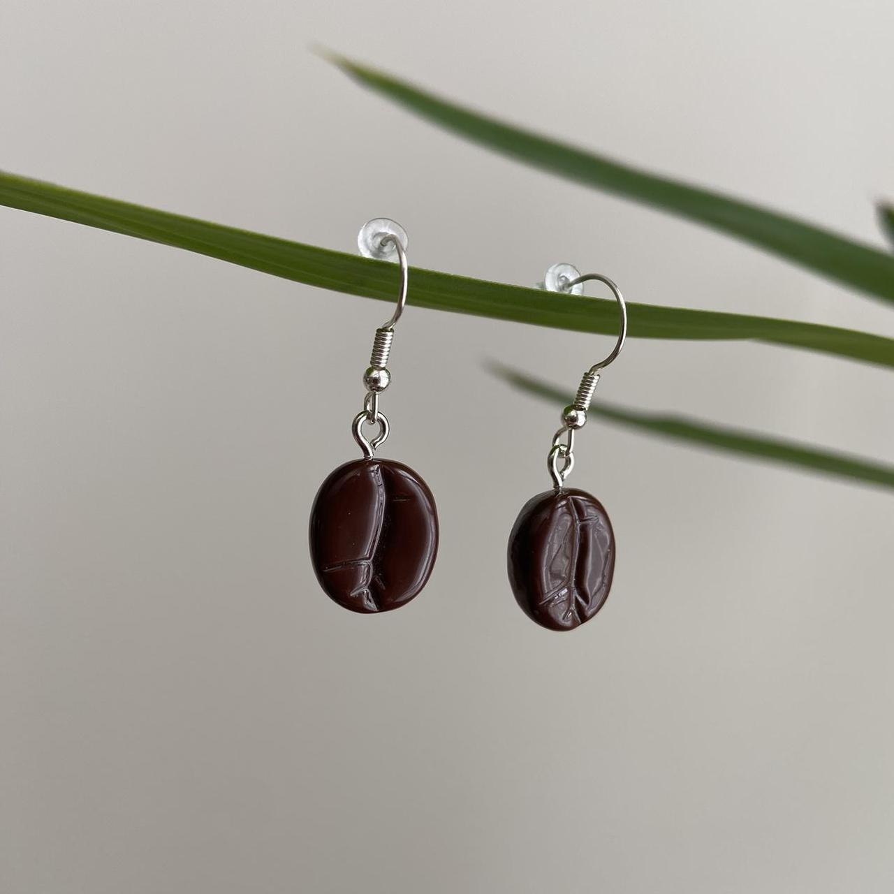 Coffee Bean Drop Dangle Earrings With Silver