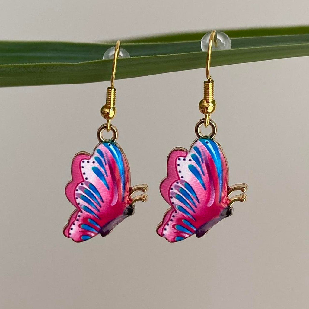 Hot Pink And Blue Butterfly Enamel Dangle Earrings