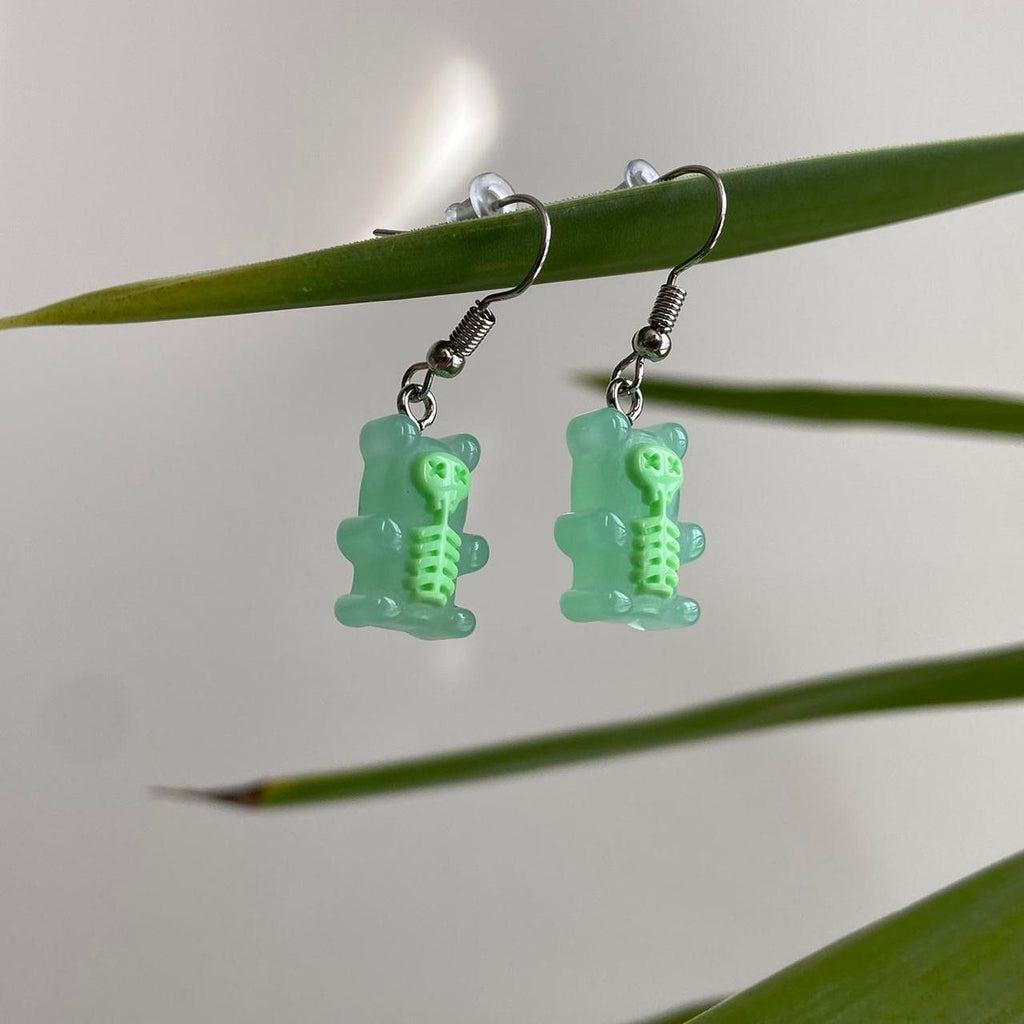 Green Skeletal Gummy Bear Dangle Earrings Hand - Image 2