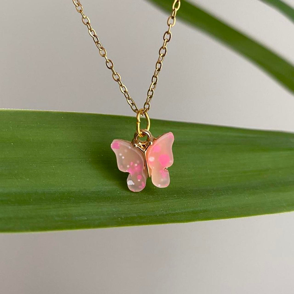 Pink And White Speckled Butterfly Pendant Chain - Image 2