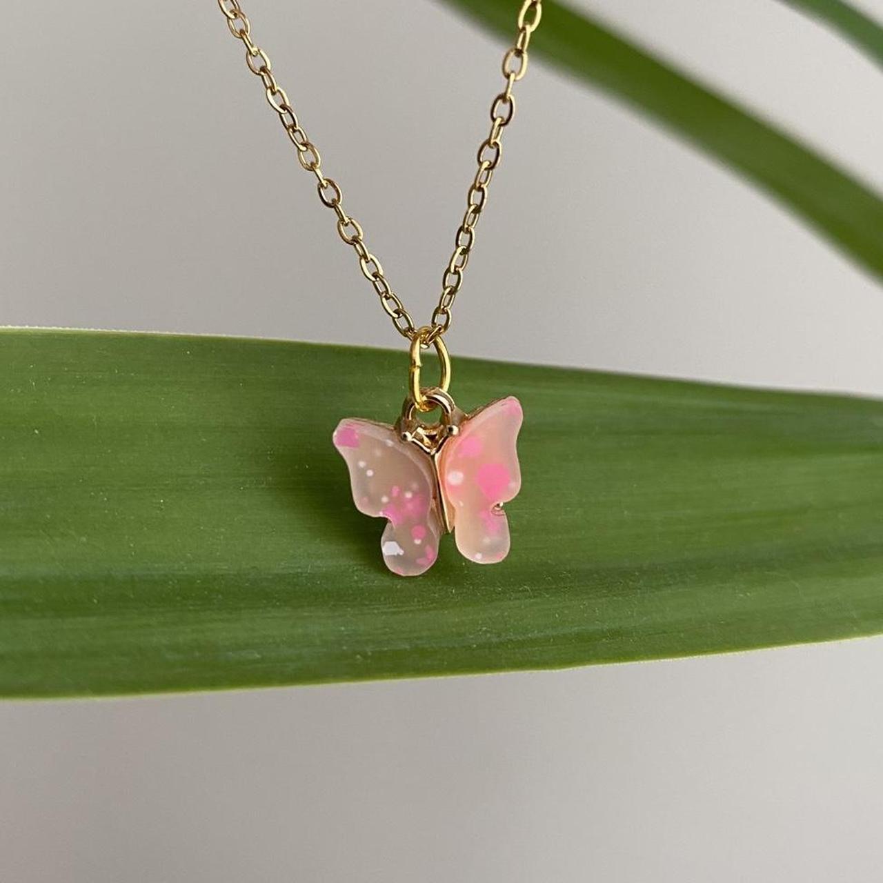 Pink And White Speckled Butterfly Pendant Chain - Image 2
