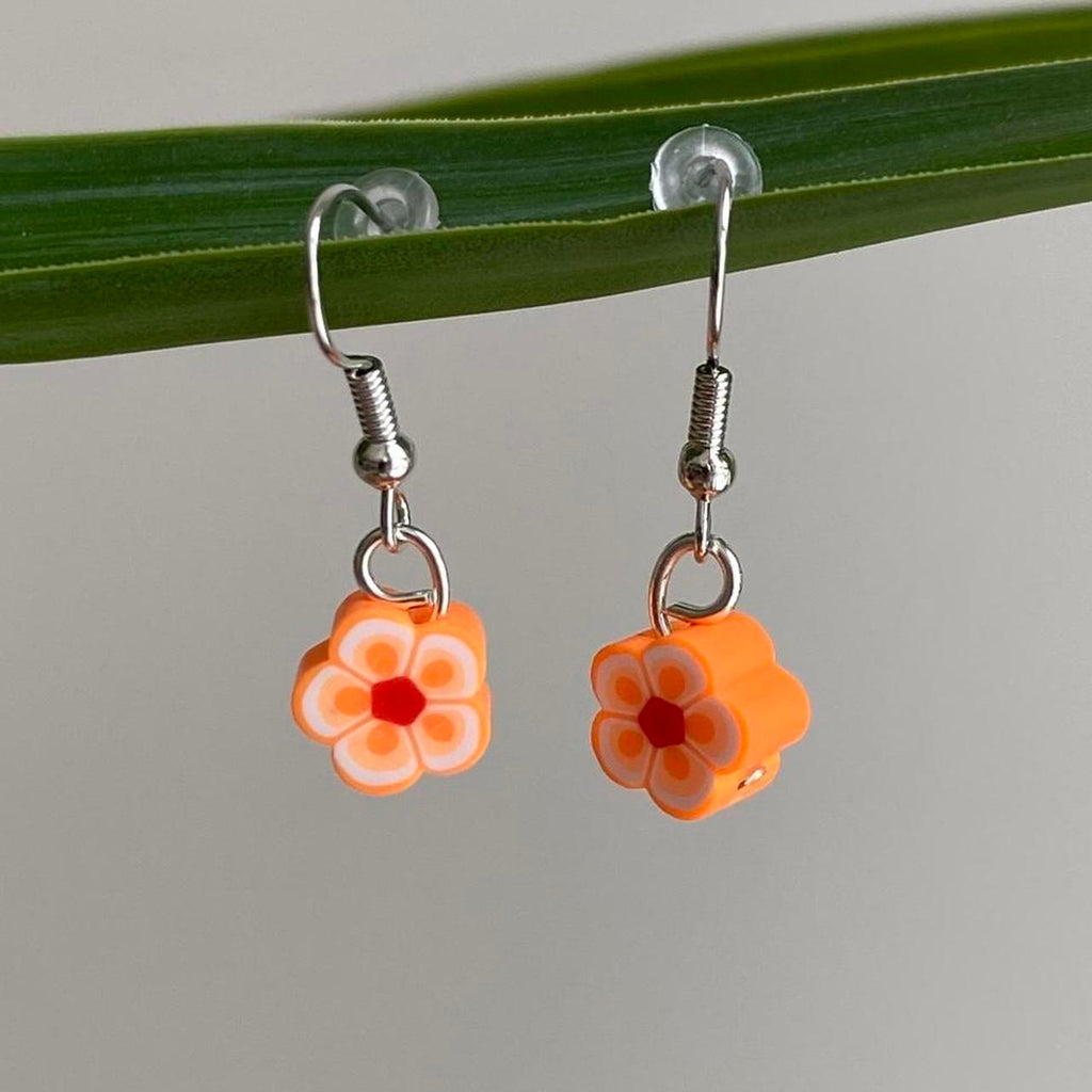 Orange Tropical Flower Polymer Clay Dangle Earrings