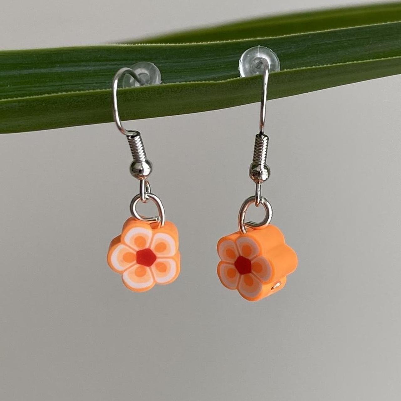 Orange Tropical Flower Polymer Clay Dangle Earrings