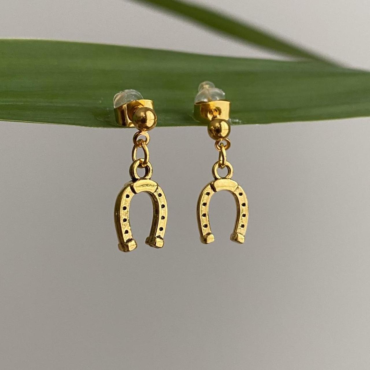 Western Horse Shoe Gold Dangle Stud Earrings Also - Image 3