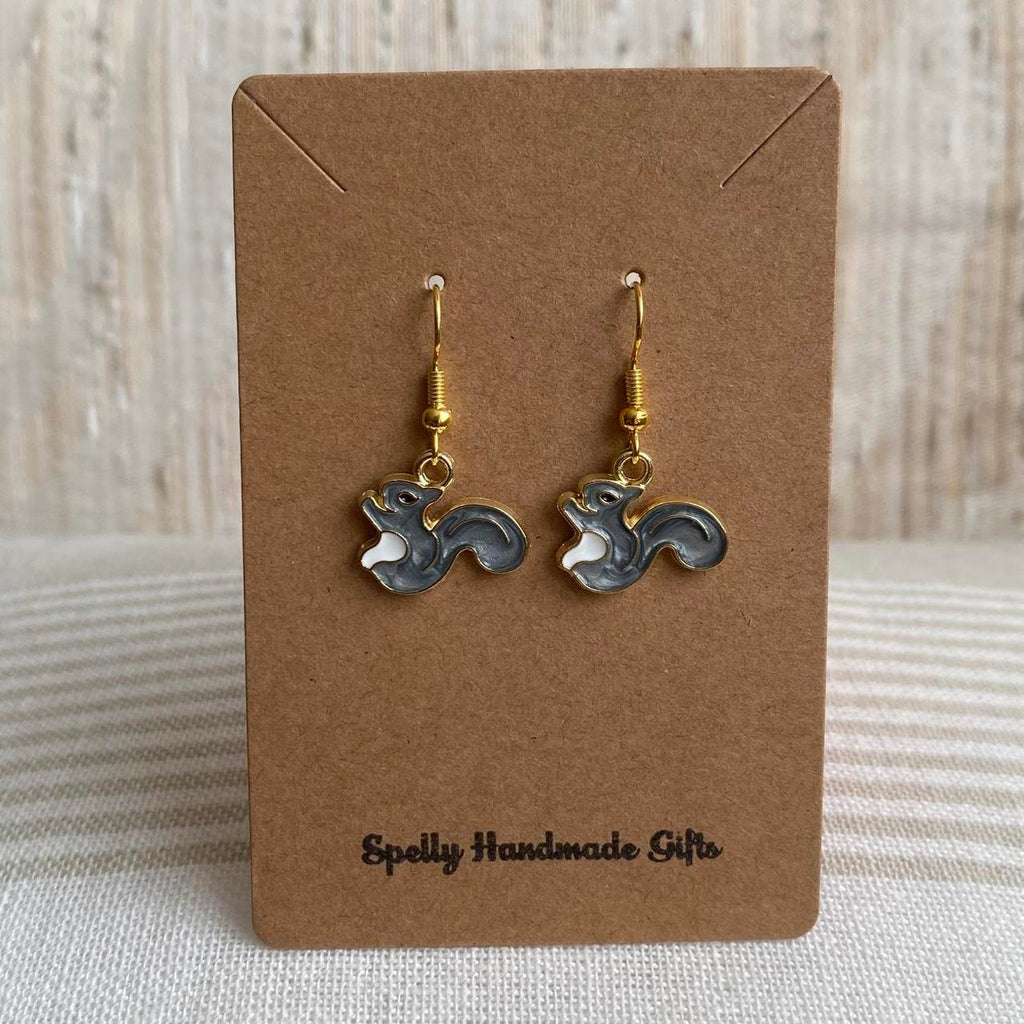 Grey Squirrel Enamel Dangle Earrings With Gold - Image 3