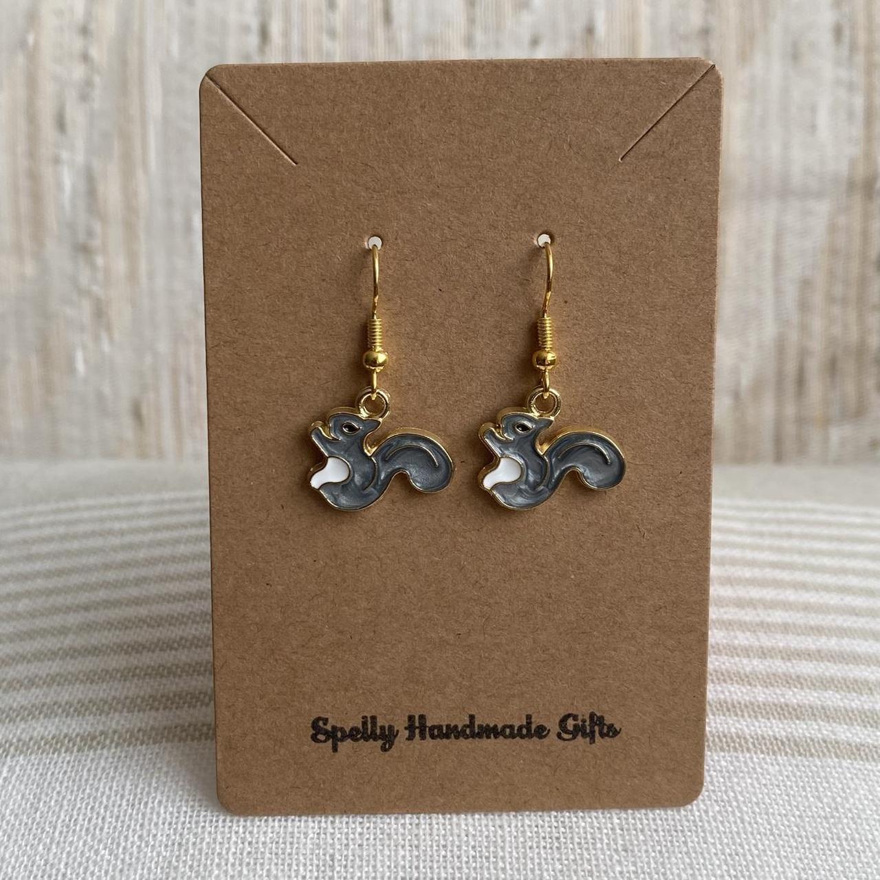 Grey Squirrel Enamel Dangle Earrings With Gold - Image 3