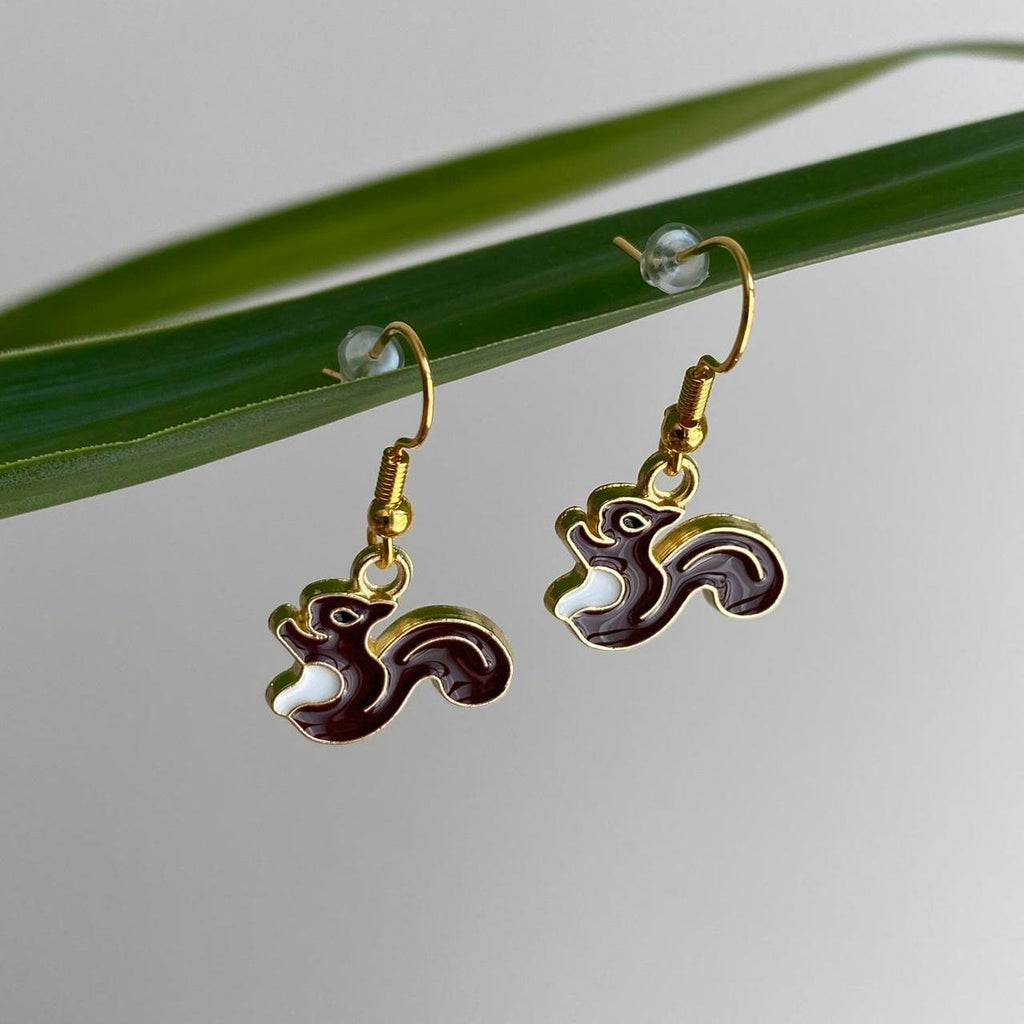Dark Brown Squirrel Enamel Dangle Earrings With Gold - Image 2