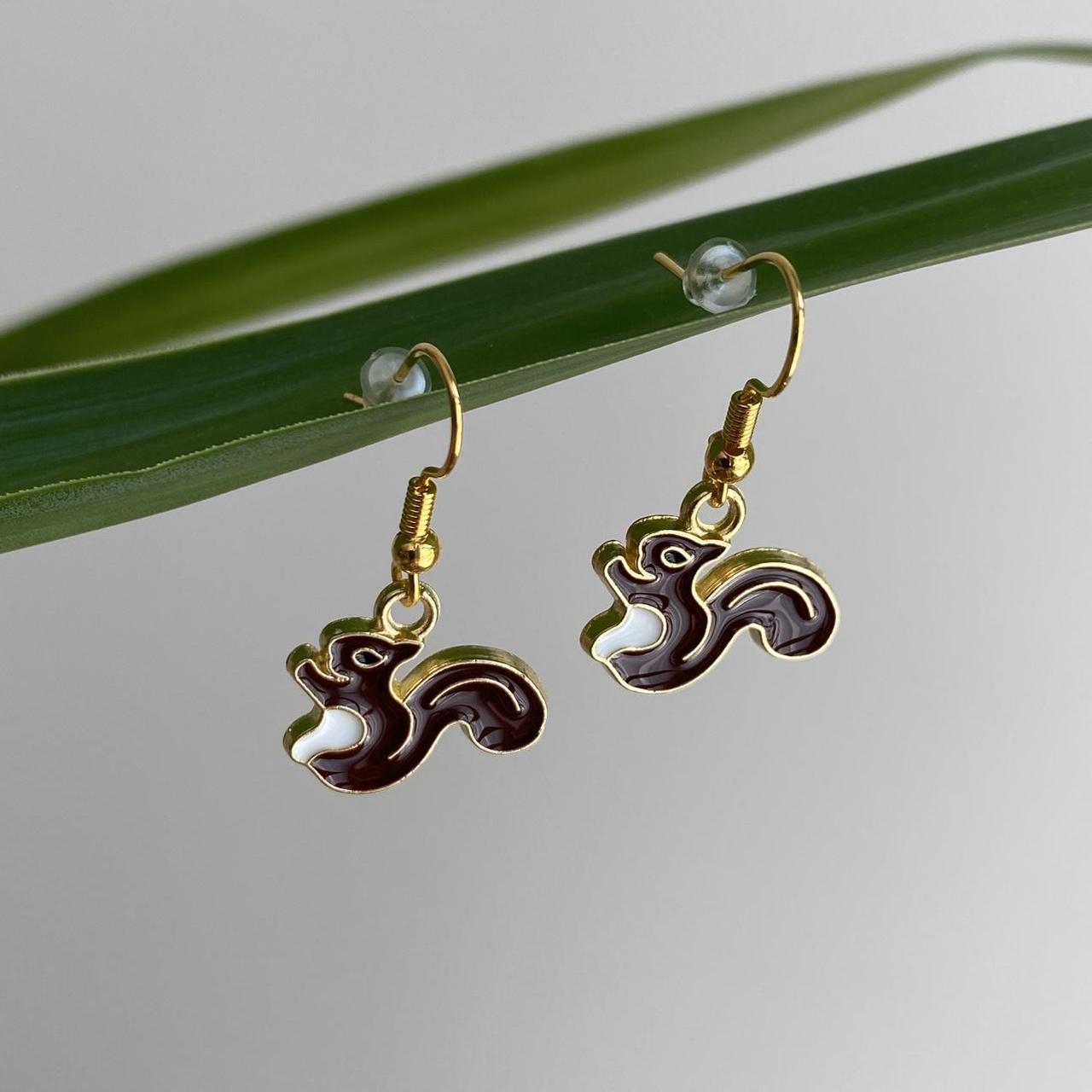 Dark Brown Squirrel Enamel Dangle Earrings With Gold - Image 2
