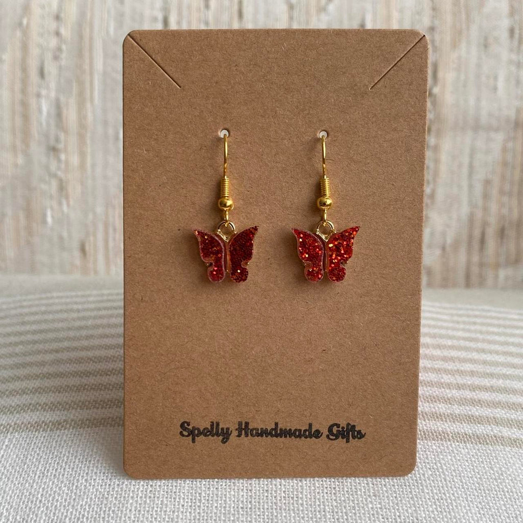 Orange Sparkle Butterfly Dangle Earrings With Gold - Image 3
