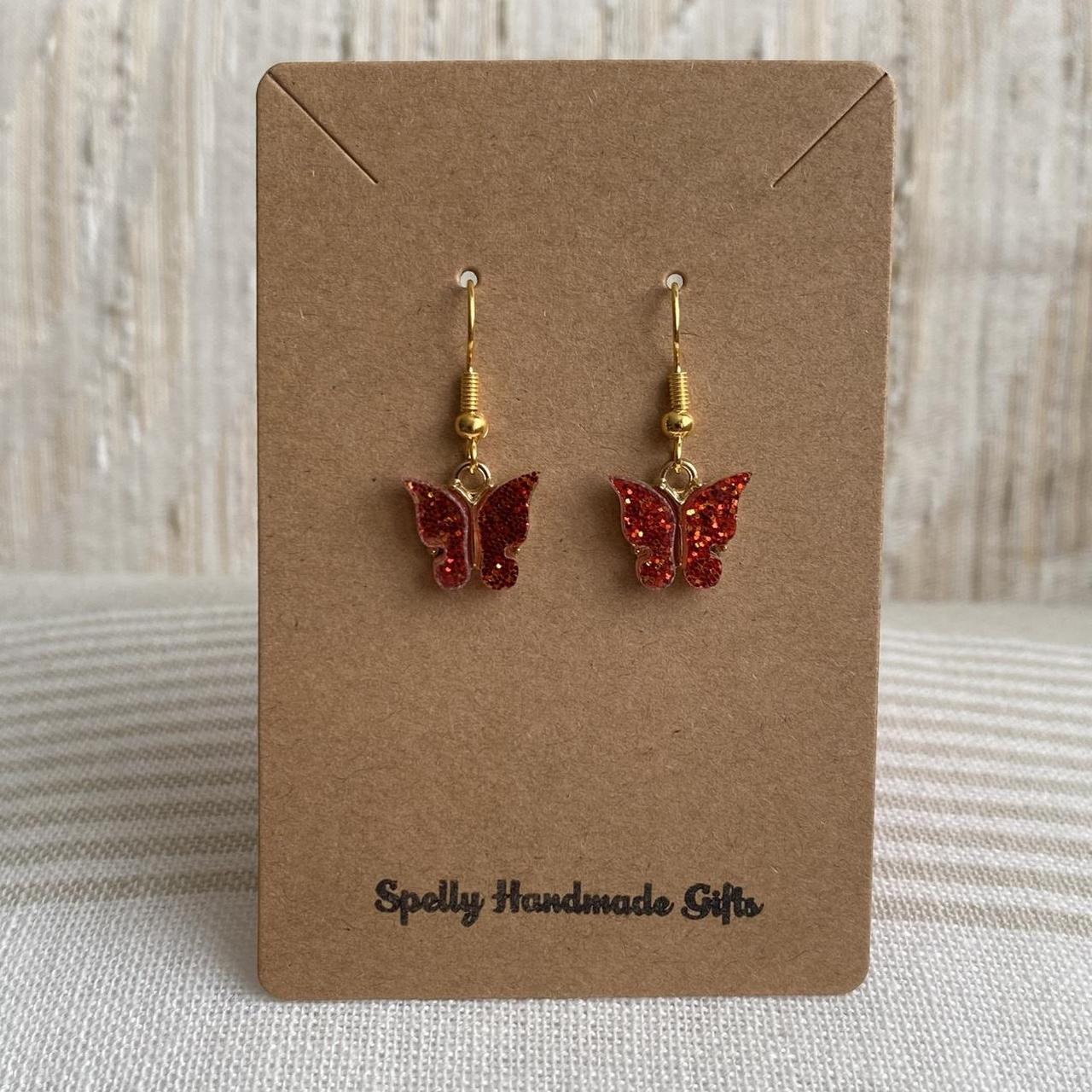 Orange Sparkle Butterfly Dangle Earrings With Gold - Image 3