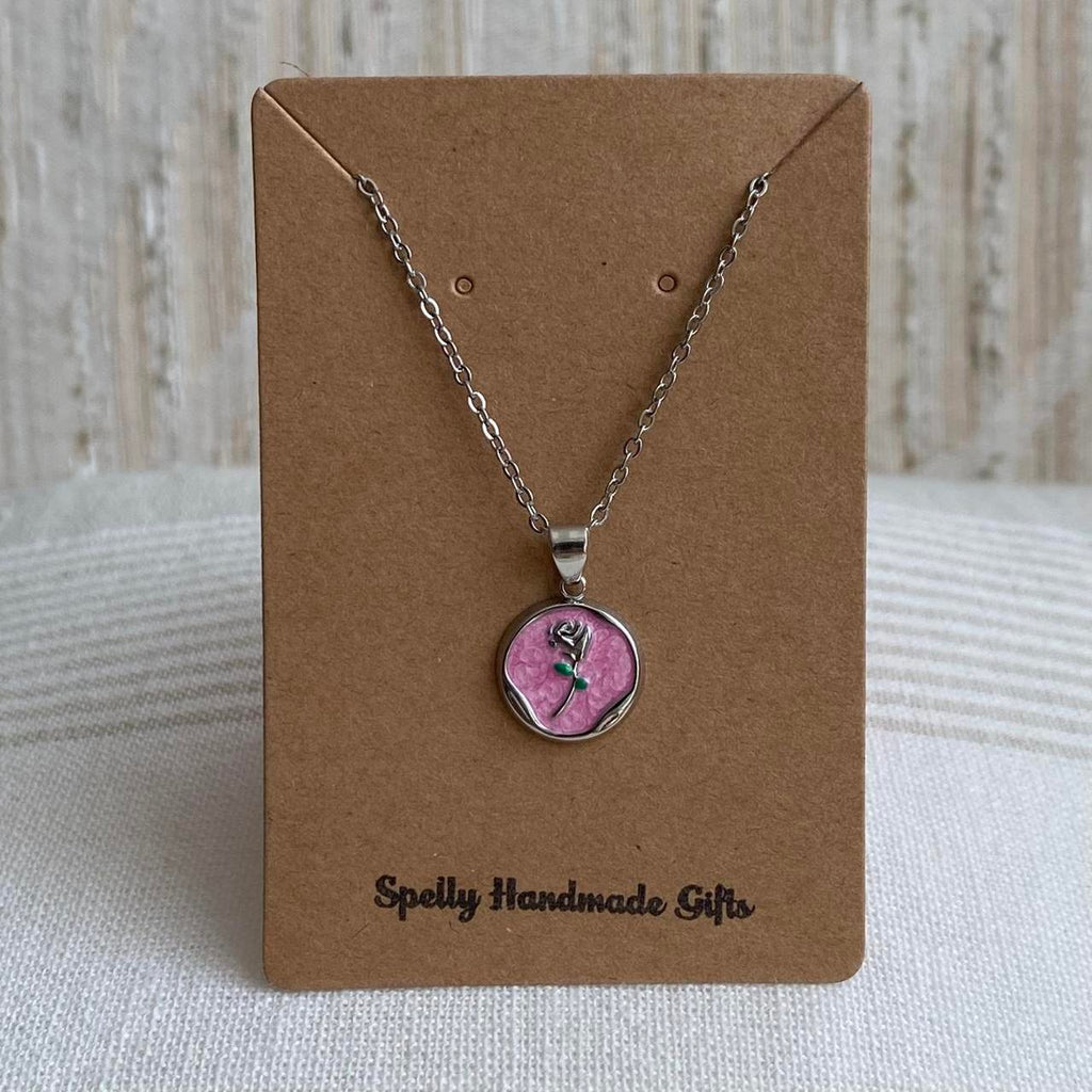 Pink Enamel Rose In Circle Pendant Chain Necklace - Image 3