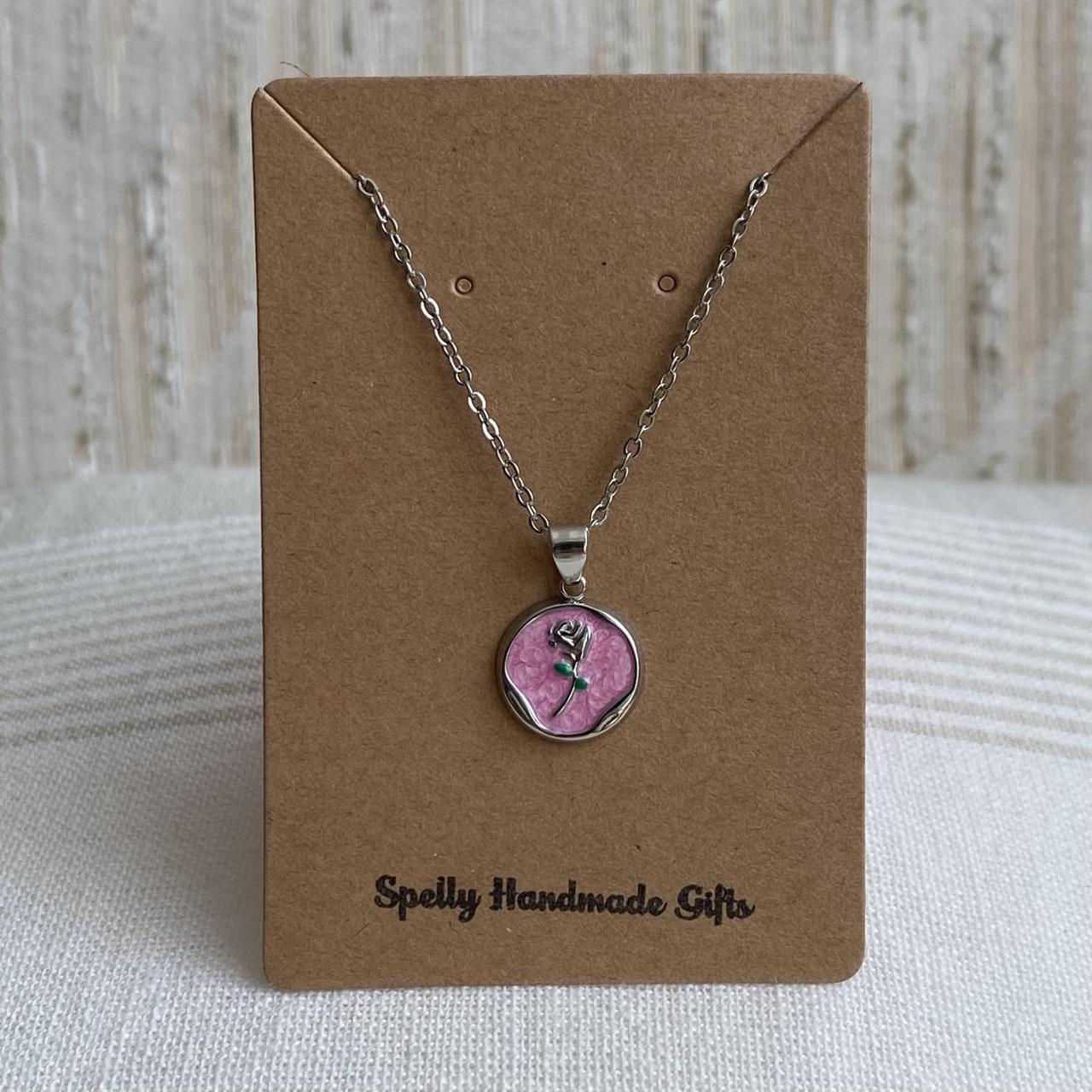 Pink Enamel Rose In Circle Pendant Chain Necklace - Image 3