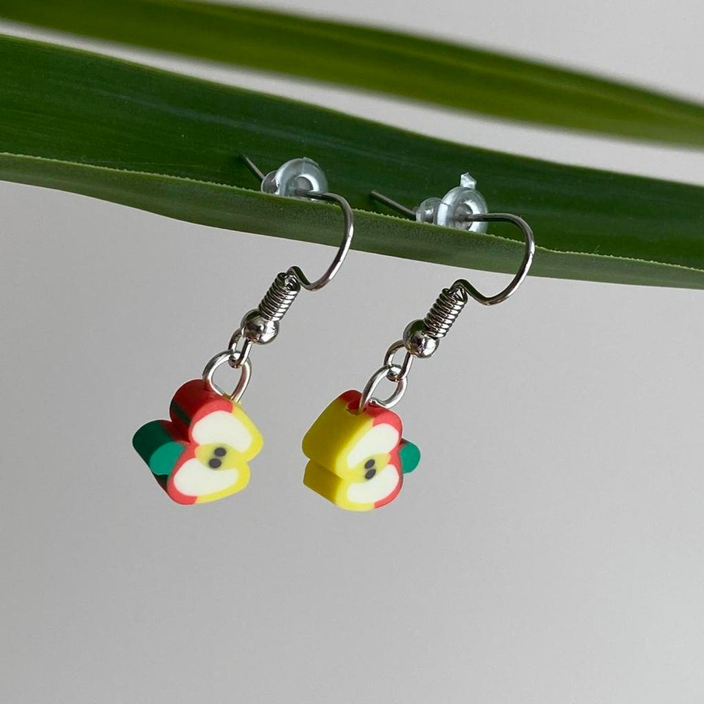 Red Sliced Apple Fruit Polymer Clay Dangle Earrings - Image 2