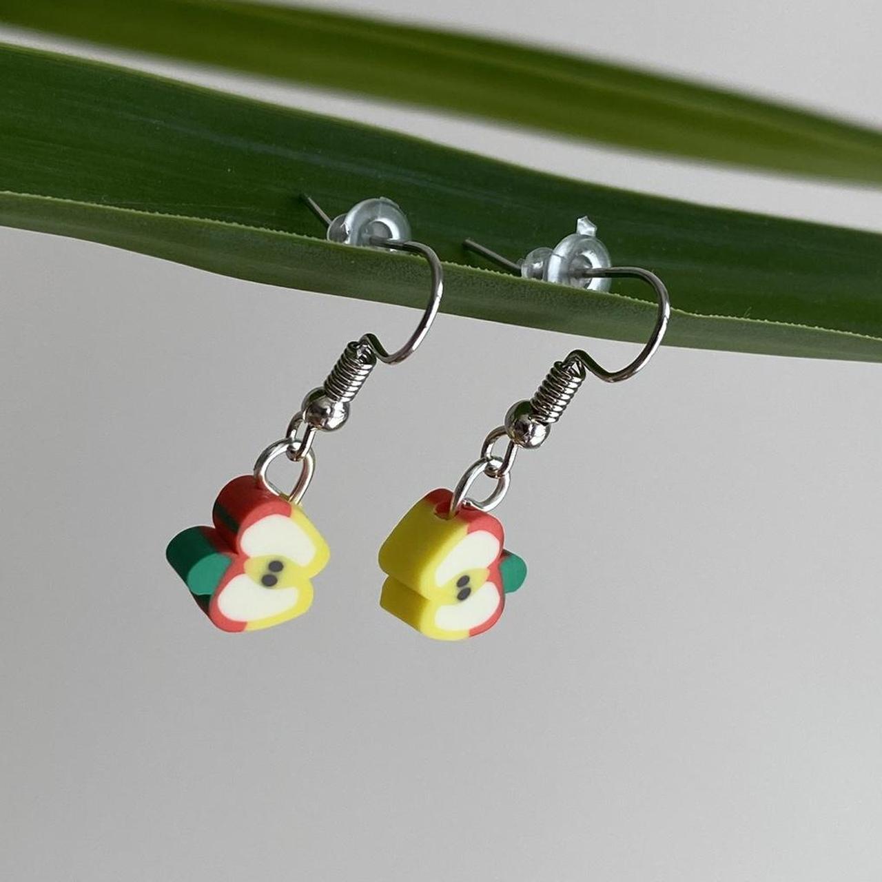 Red Sliced Apple Fruit Polymer Clay Dangle Earrings - Image 2