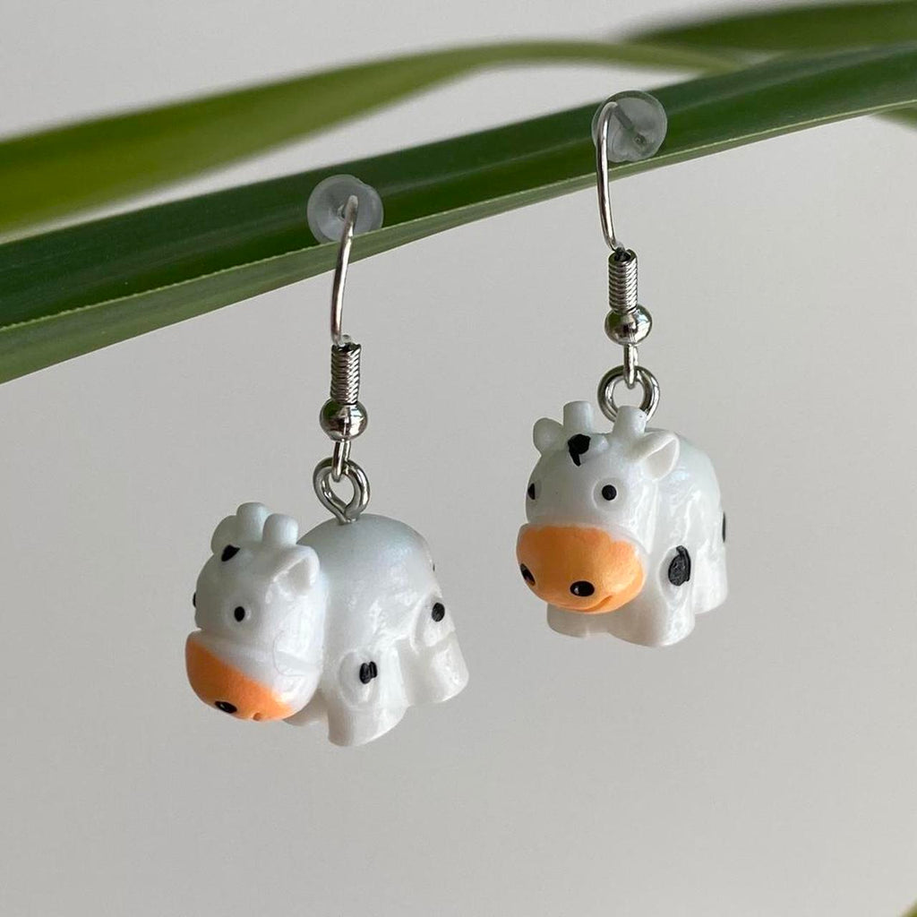Cow Dangle Earrings With Silver Accents Hand Made