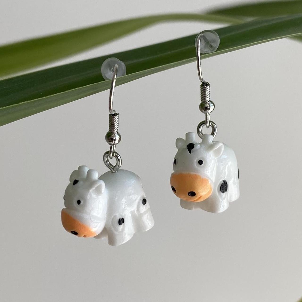 Cow Dangle Earrings With Silver Accents Hand Made