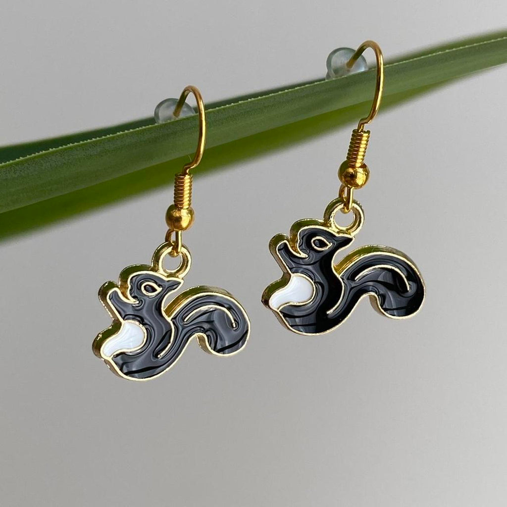 Black Squirrel Enamel Dangle Earrings With Gold