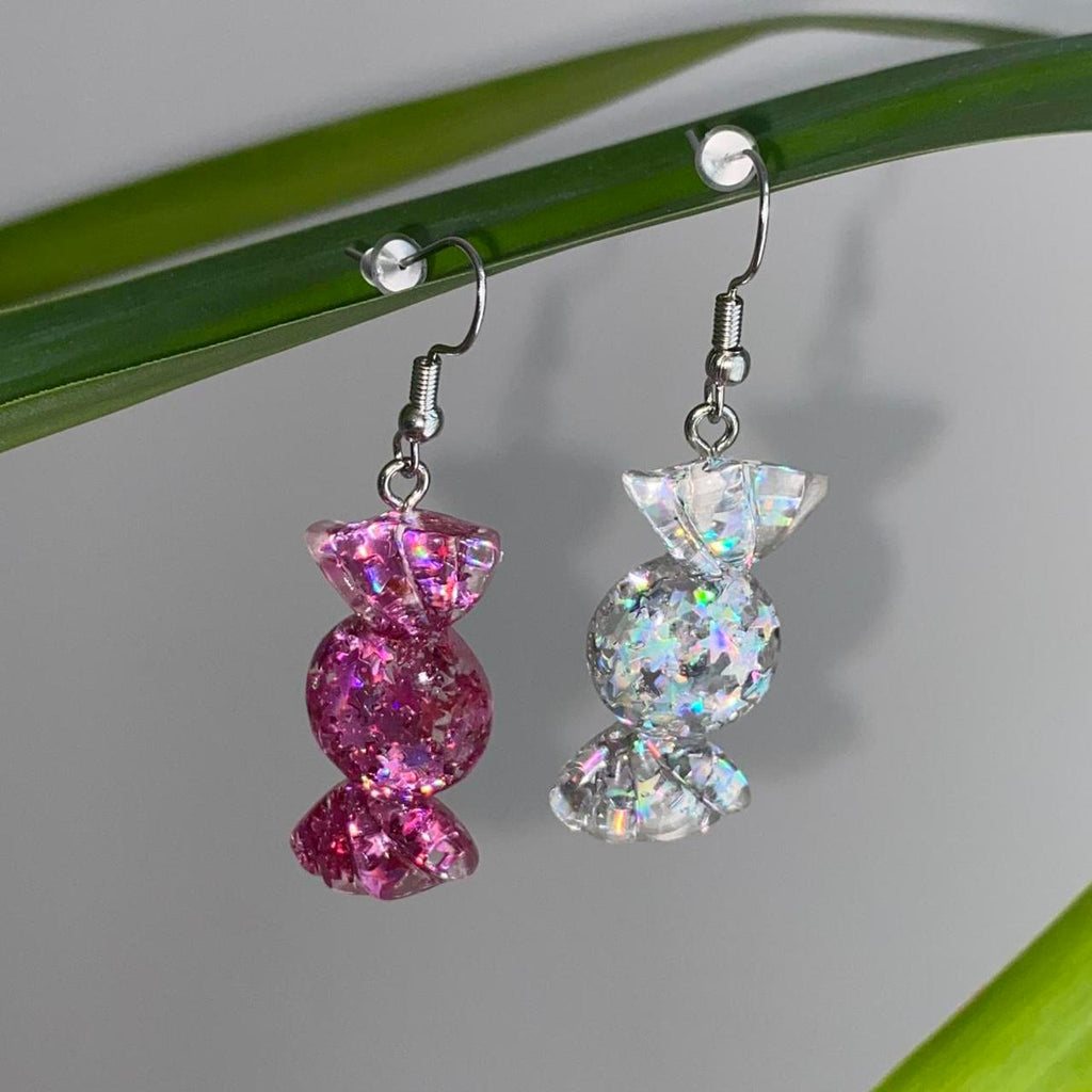 Sparkly Resin Pink And Silver Candy Dangle Earrings - Image 2