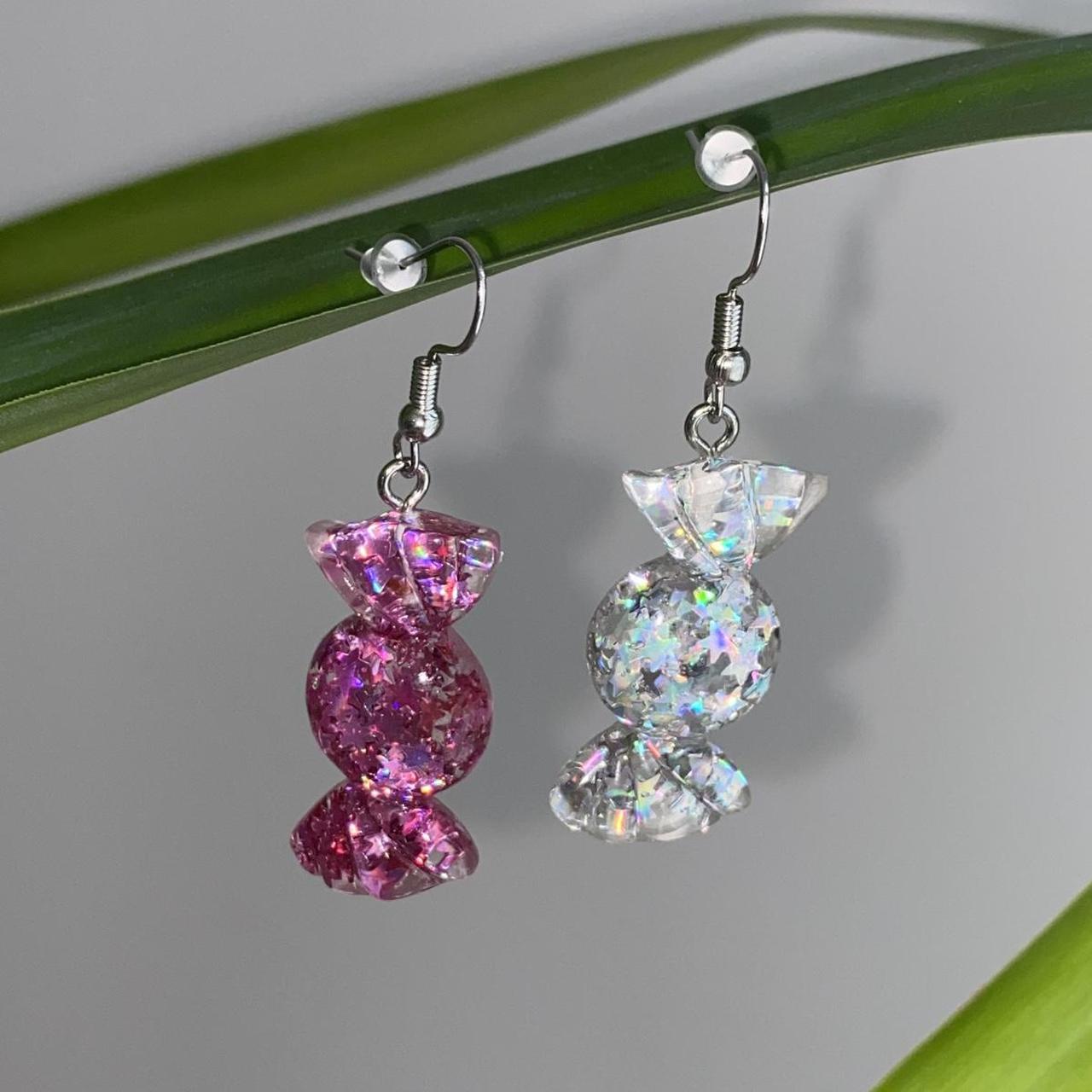 Sparkly Resin Pink And Silver Candy Dangle Earrings - Image 2